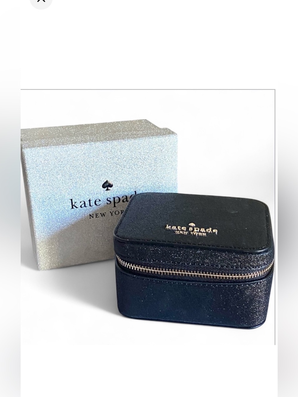 Kate Spade Black Glitter jewelry case with silver hardware brand new in the box
